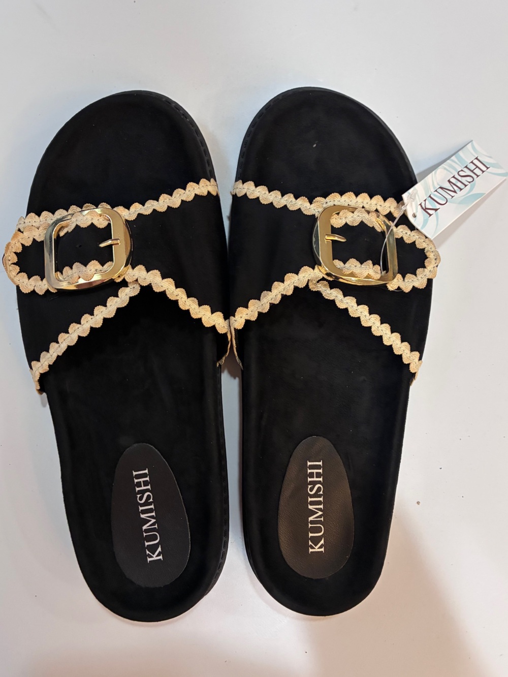 Kumishi Black Sandals‎ with Gold Trim and Buckle